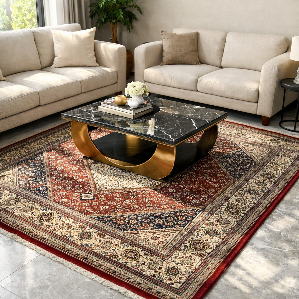 Bidjar Teppich mit Mittelmedaillon, rot-blauem Ornament und breitem Rand
