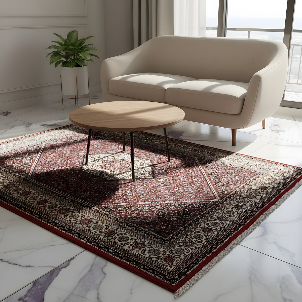 Teppich 244x170 cm mit rotem Ornamentmuster und Bordüre, mit Fransen