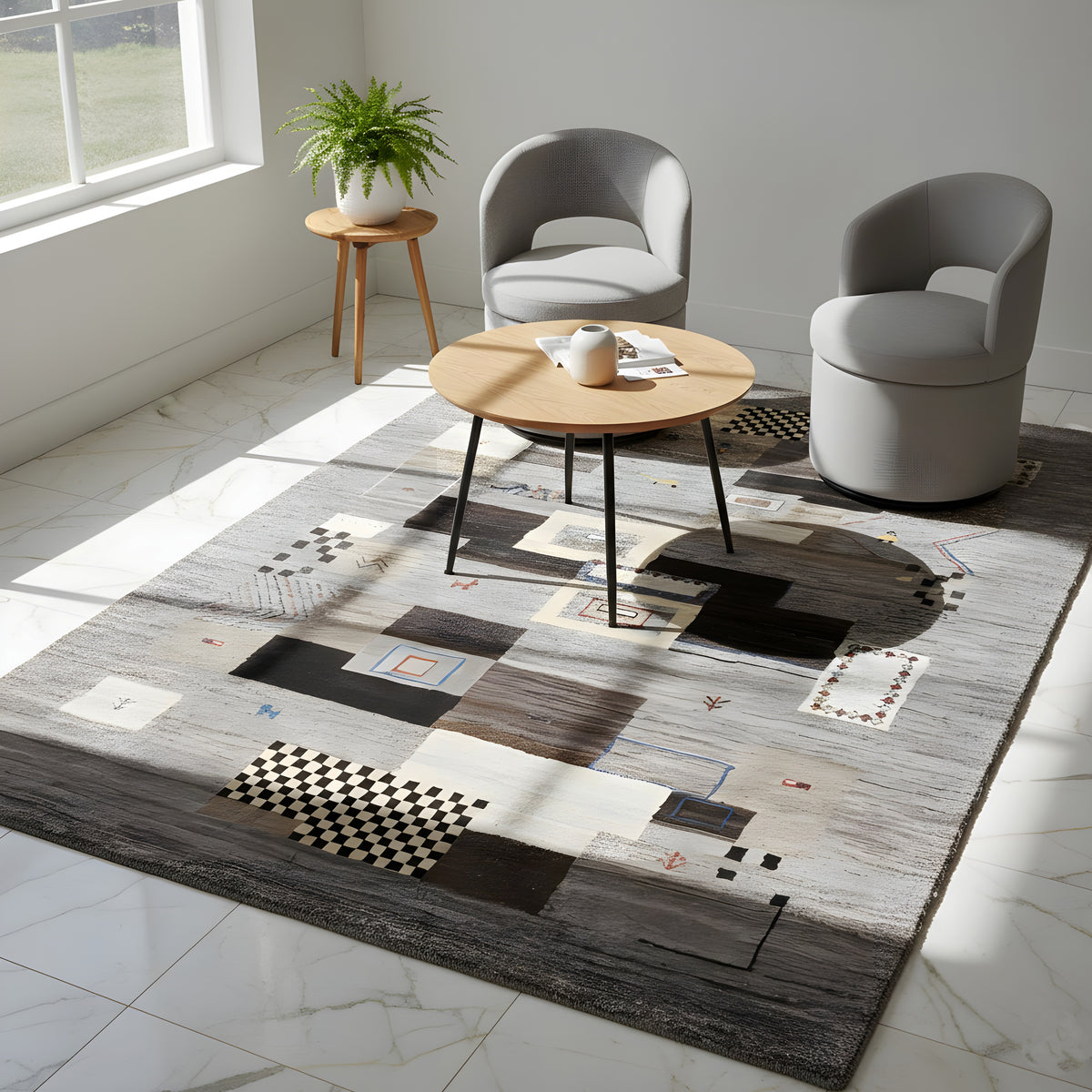 Gabbeh Teppich 235x171 cm, hellgrau mit schwarzen und beigen Blockmustern