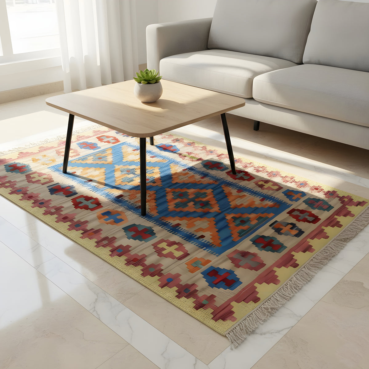 Beiger Kelim-Teppich mit blau-orangenem Flächenmuster, roten und grünen Kreuzornamenten, Fransen