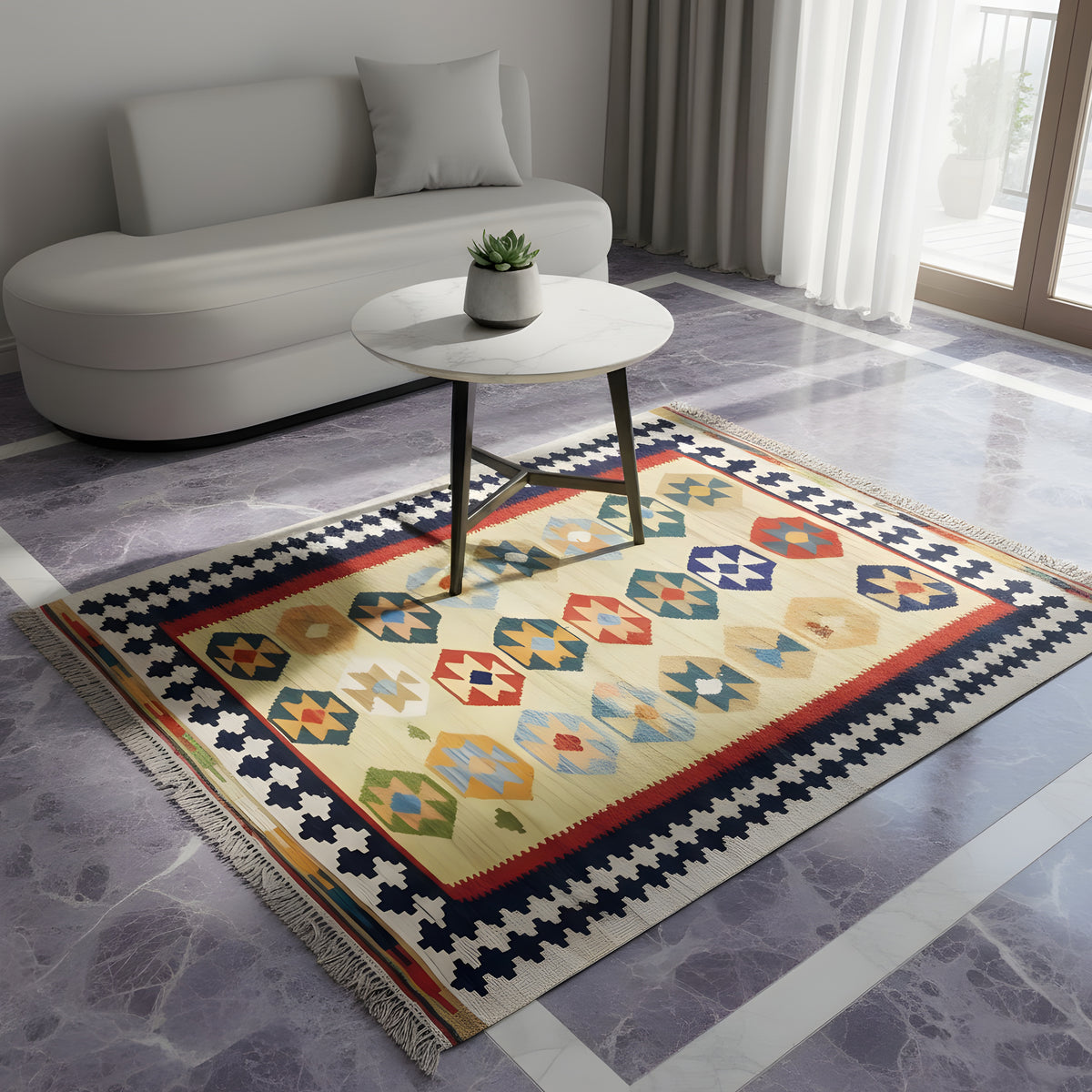 Kelim-Qashqai-Teppich Beige mit buntem geometrischem Muster und Fransen, im Raum verlegt