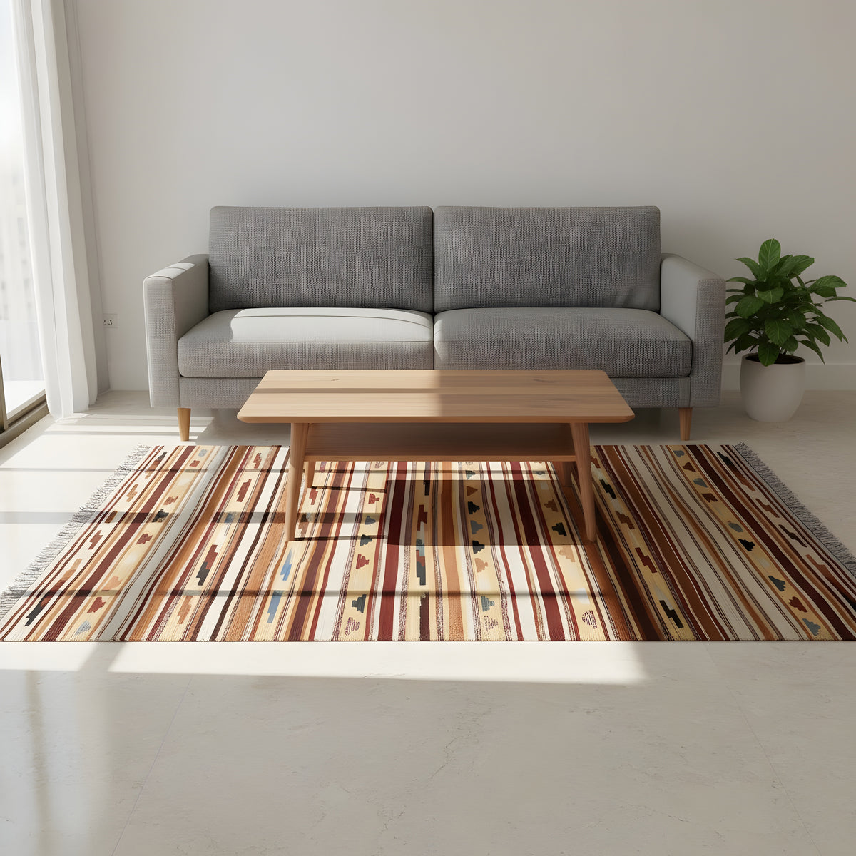 Kelim-Teppich im Wohnraum unter dem Couchtisch, gestreiftes Design in warmen Farben