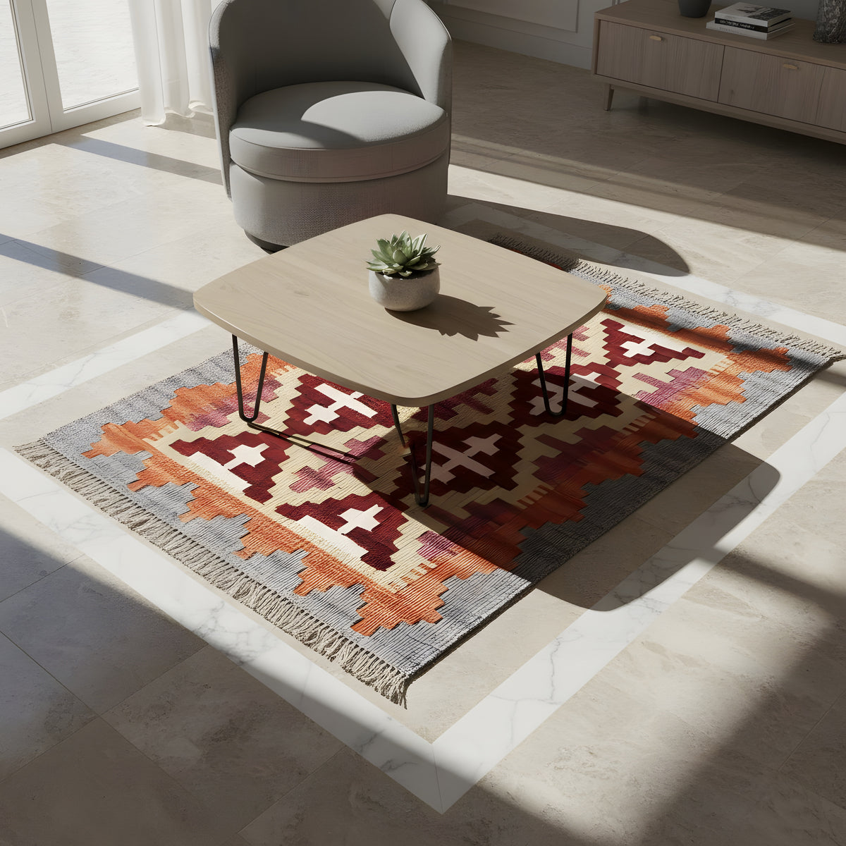 Kelim-Teppich im Wohnraum: geometrisches Muster in Orange, Creme, Grau und Dunkelrot