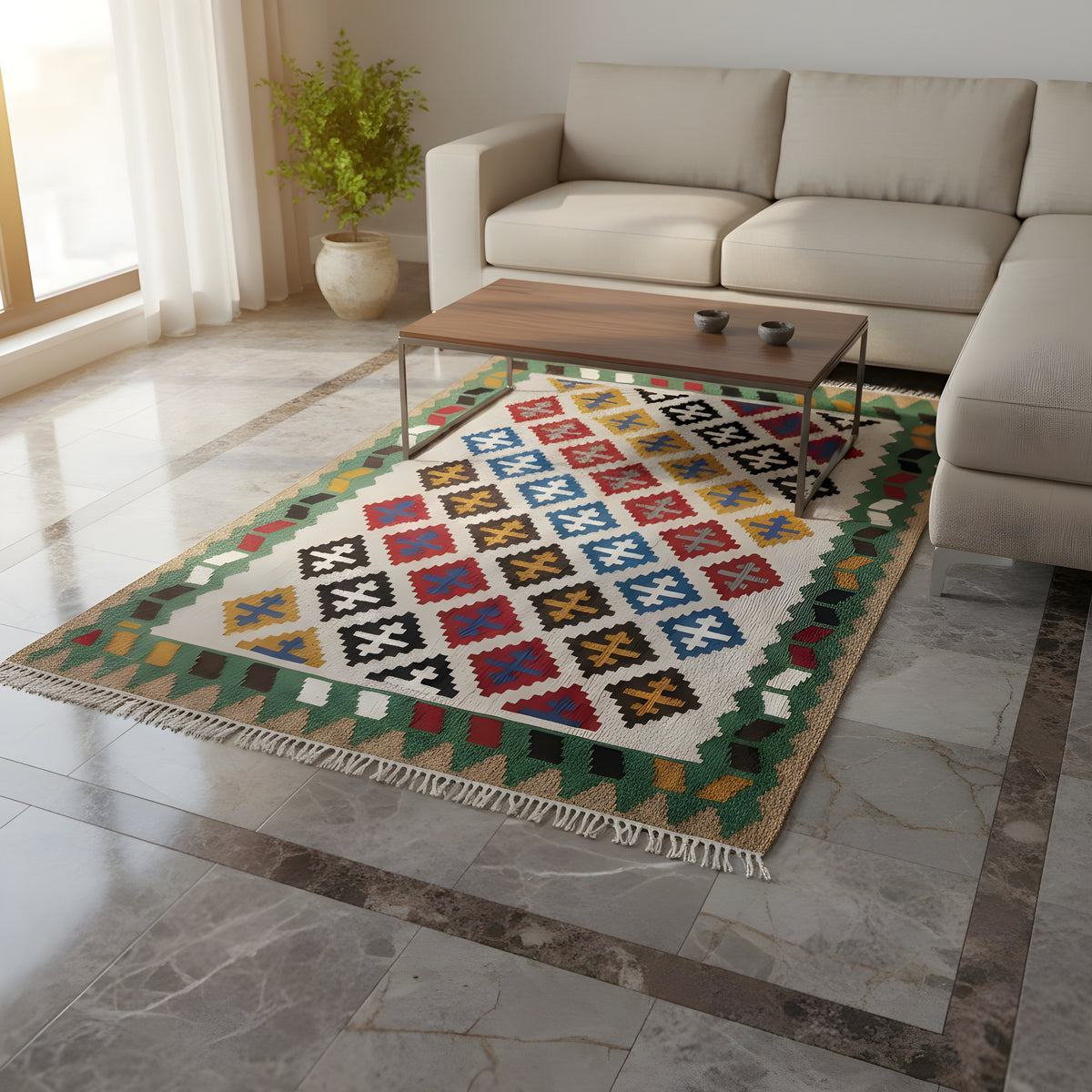 Kelim-Qashqai-Teppich 147x95 cm auf dem Boden mit buntem Rautenmuster und Fransen