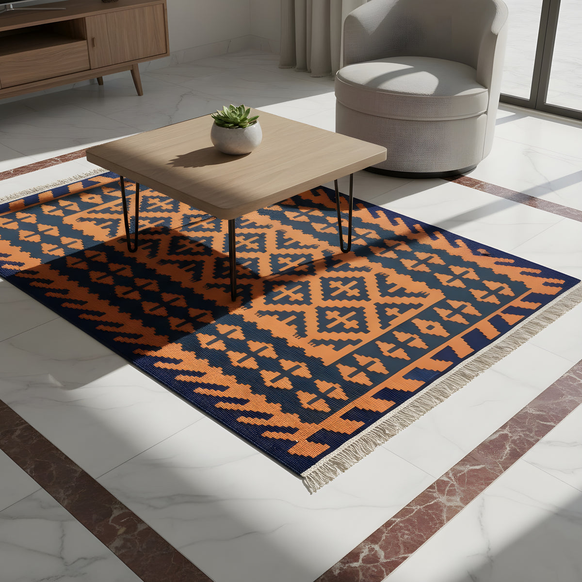 Kelim-Teppich auf dem Boden mit geometrischen Mustern in Orange und Dunkelblau