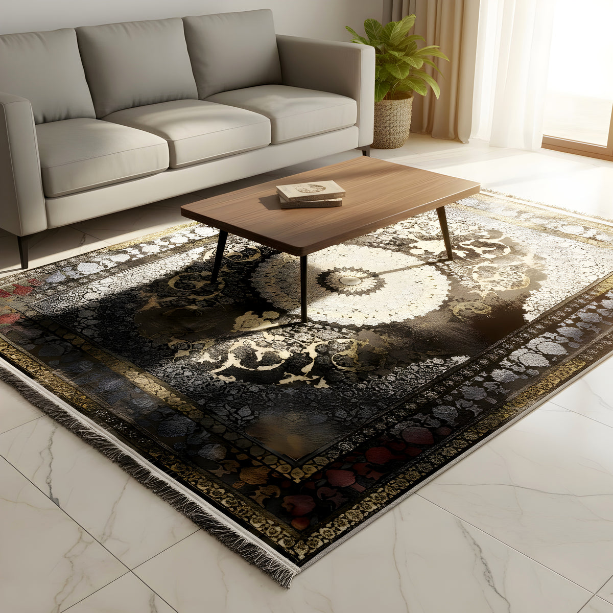 Orientteppich 170x240cm im Wohnzimmer: dunkles Ornamentmuster mit goldener Mittelpartie