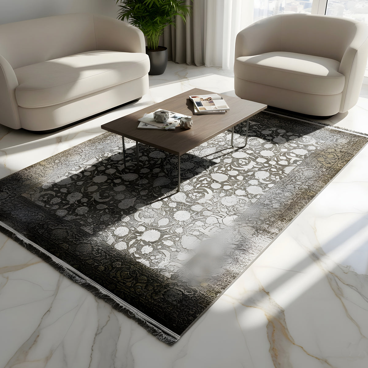 Teppich 170x240 cm, großes Floralmuster in Grau/Silber mit dunkelbraunem Rand, Fransen