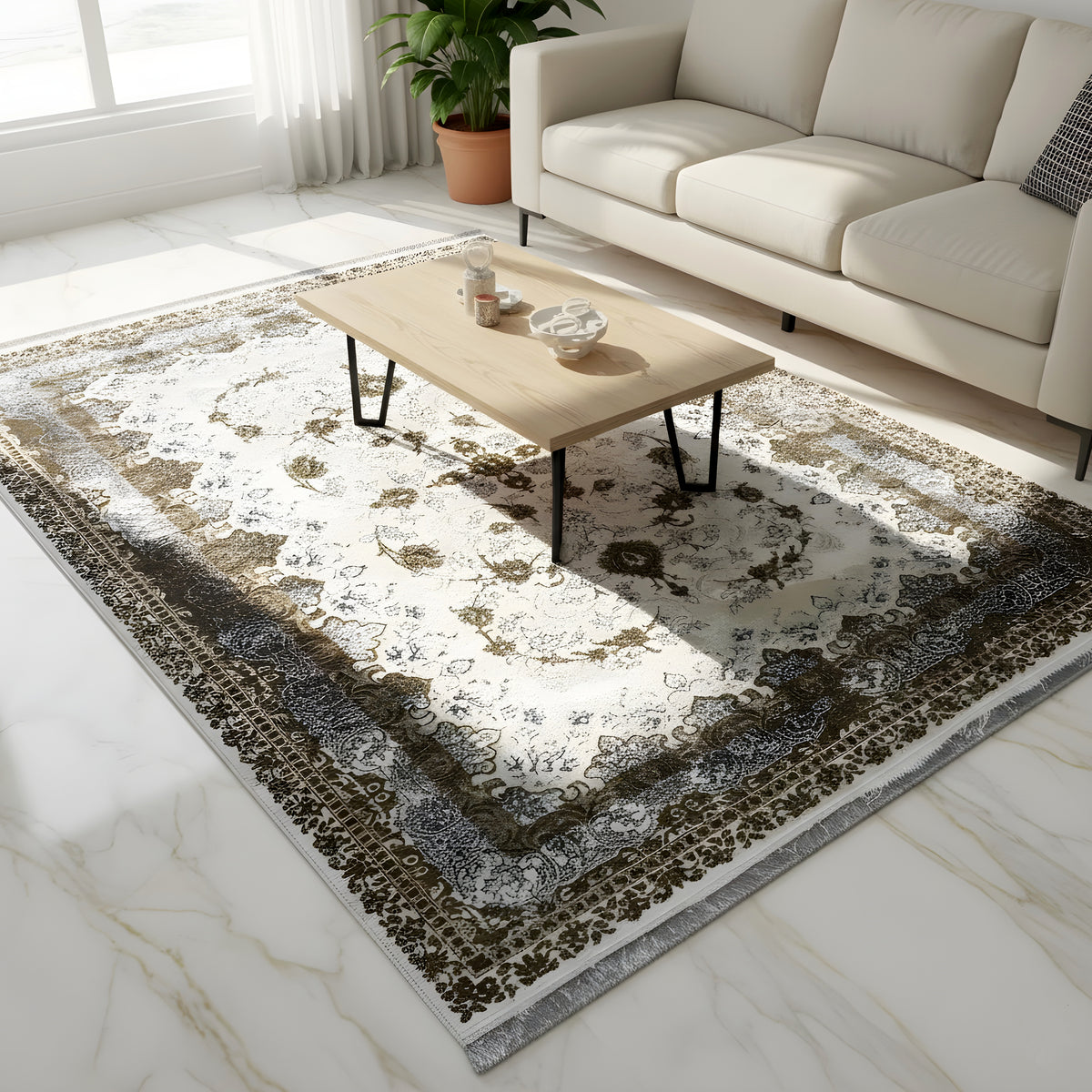 Teppich 170x240 cm im Wohnzimmer, beiges Ornamentmuster in Goldbraun und Blau