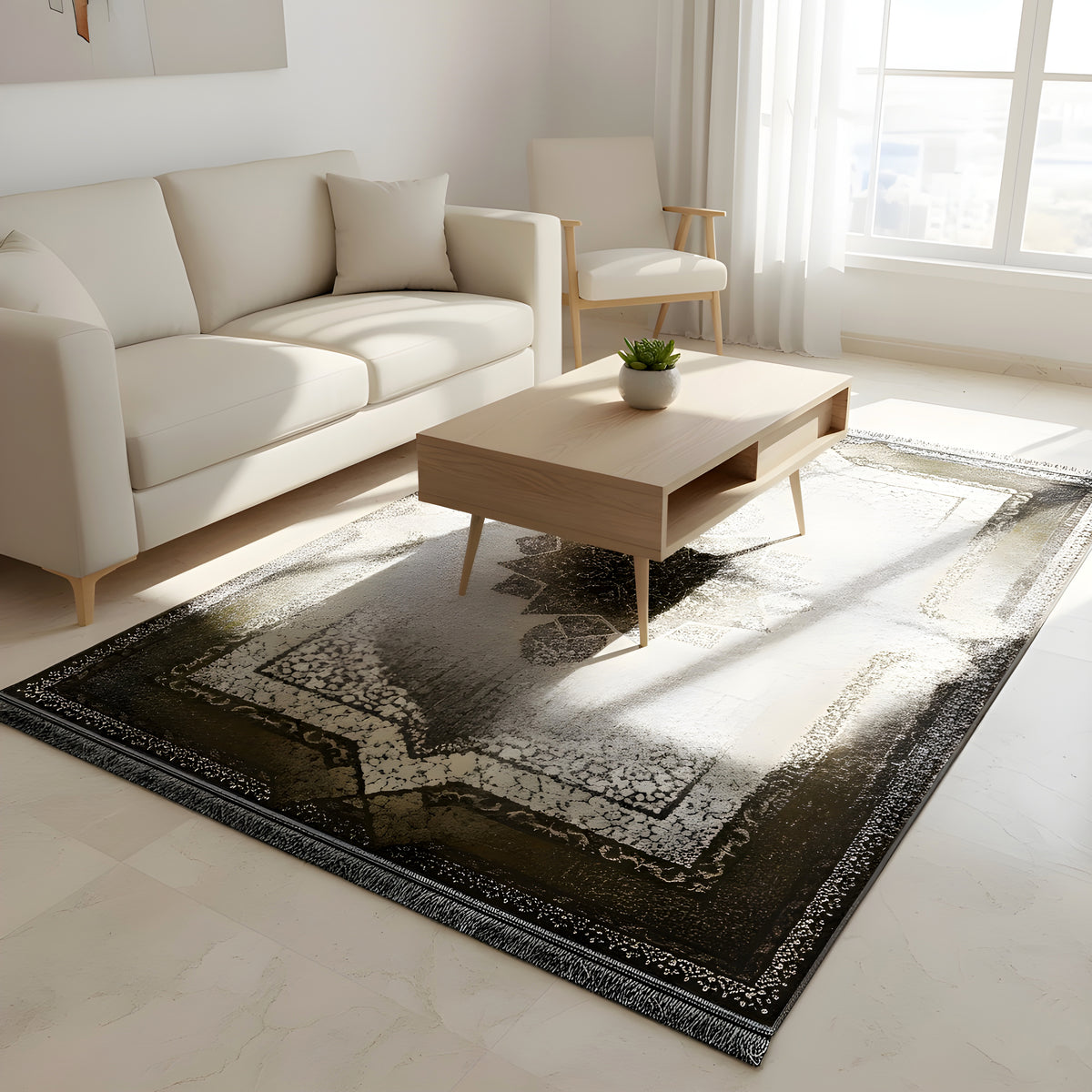 Teppich 170x240 cm mit großflächigem Ornament, hellbeige und olivfarbenen Akzenten, Rand