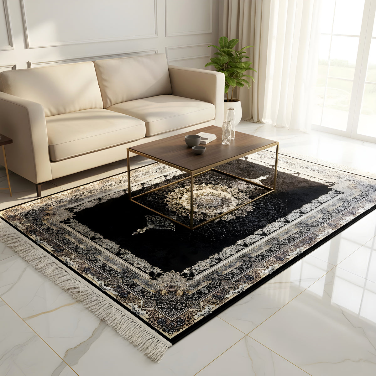 Schwarzer Teppich mit Ornament-Medaillon, Bordüren und Fransen im Wohnraum