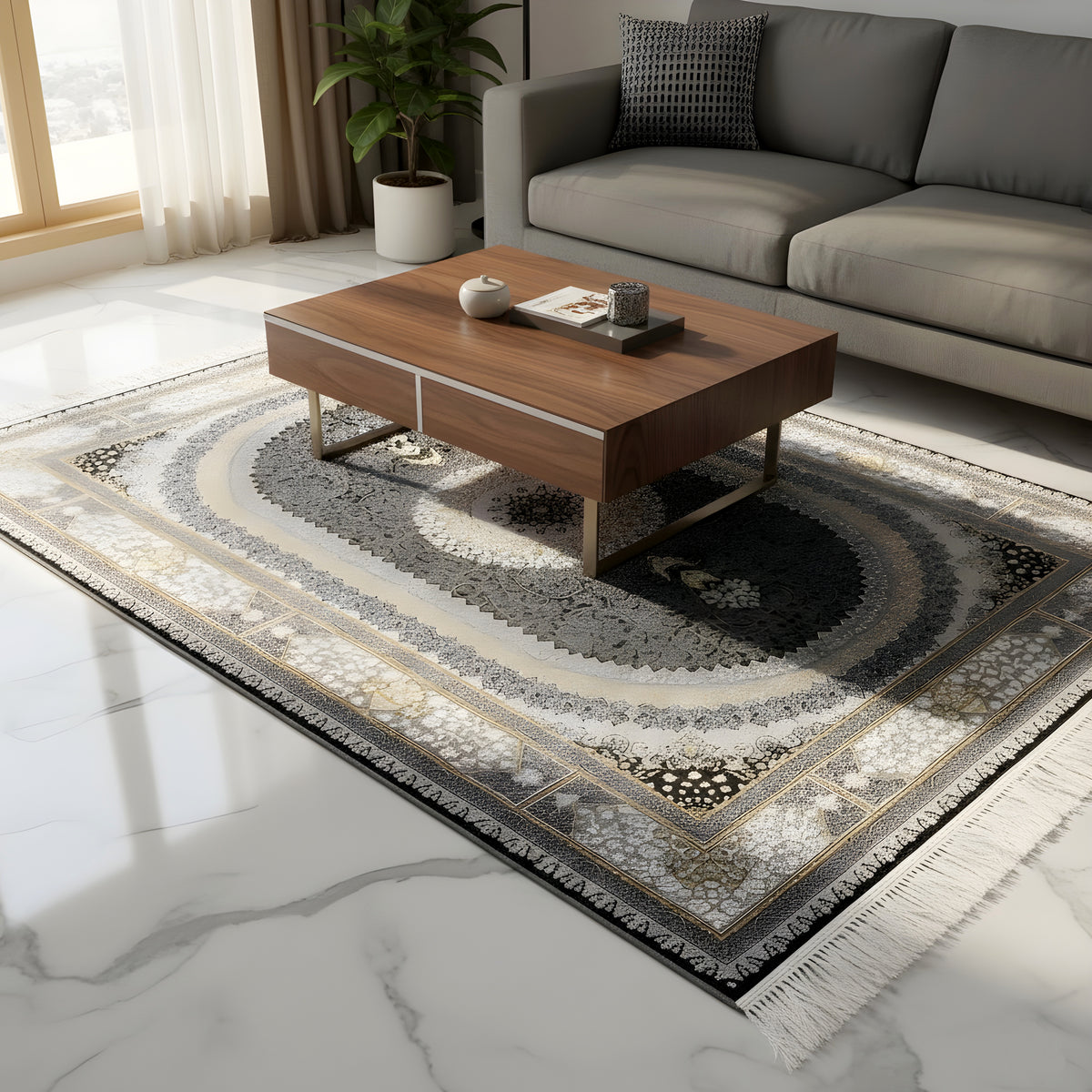 Ornamentaler Teppich „Lara“ im Wohnraum: dunkles Oval, goldene Bordüre und Fransen