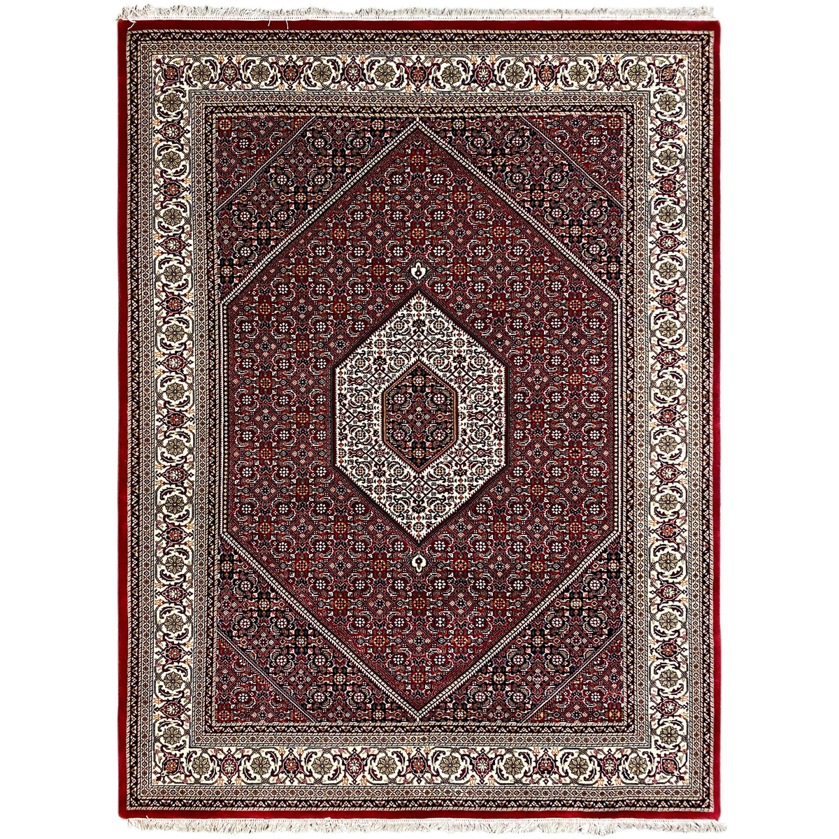 Roter Bidjar-Teppich mit Rauten-Design, Zierbordüre und Fransen, ca. 244x173 cm