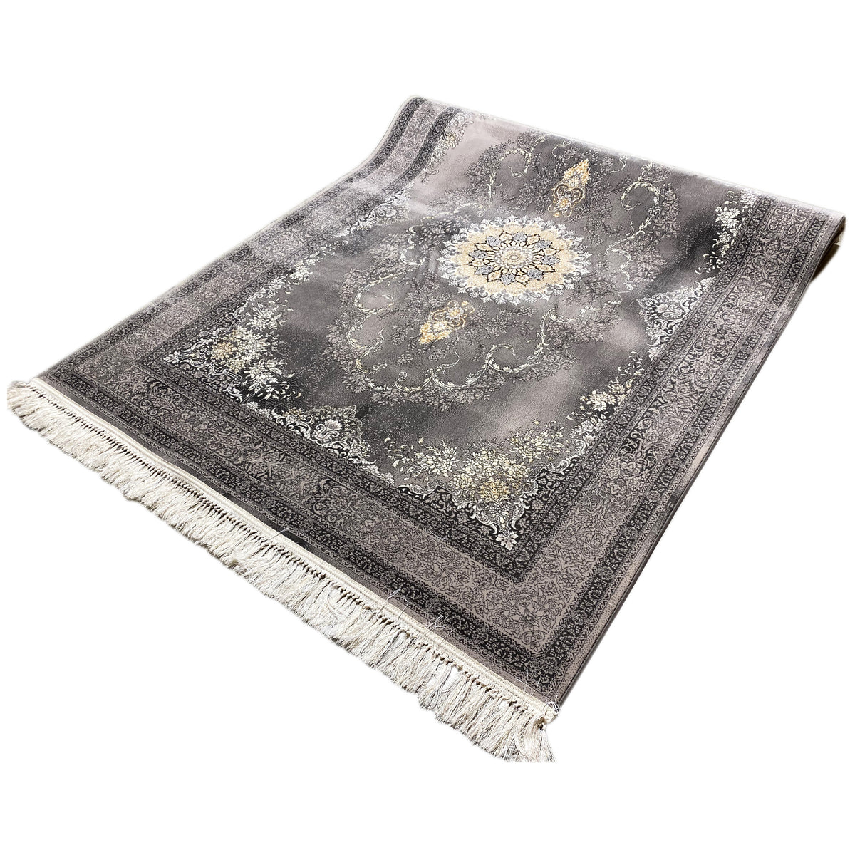 Kashan-Teppich 160x230 cm in Grau mit Medaillon-Design und Fransen