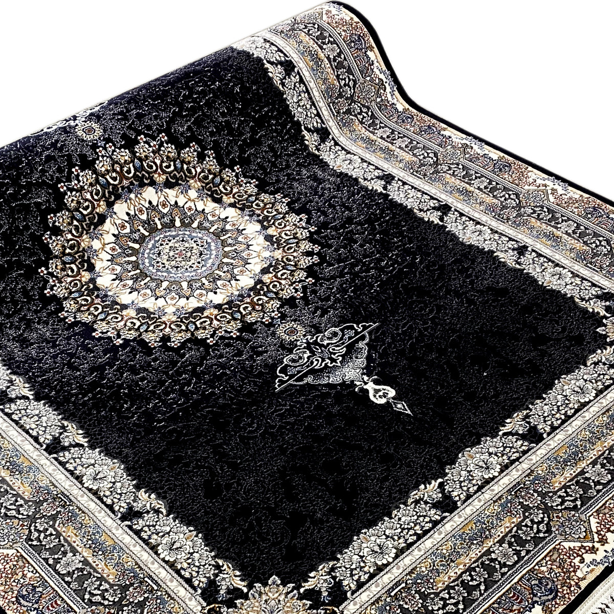 Schwarzer Teppich mit rundem Medaillon, floralen Ornamenten und Fransen