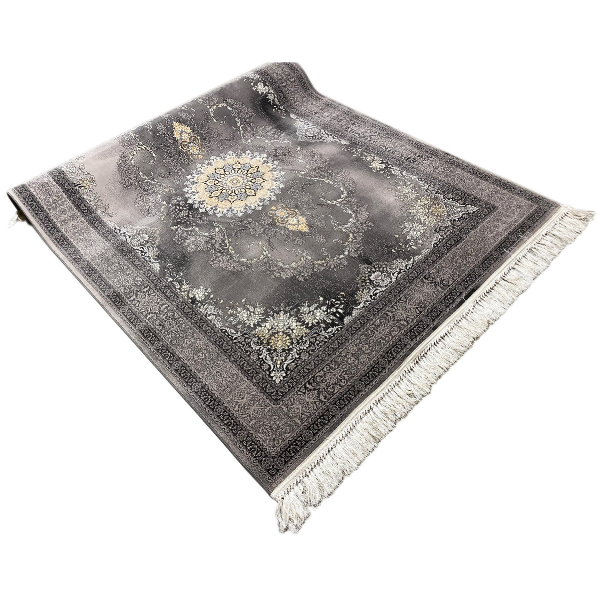 Eckansicht Kashan-Teppich 160x230 cm: graues Medaillon, dunkel abgesetzte Bordüre