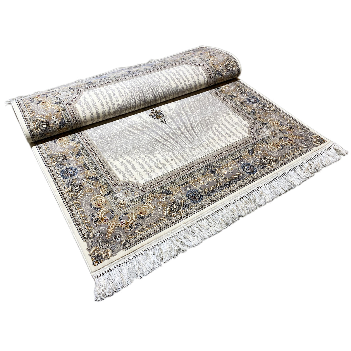 Muster-Teppich Elara 160x230 eingerollt und aufgelegt: silberne Fläche, Zierbordüre