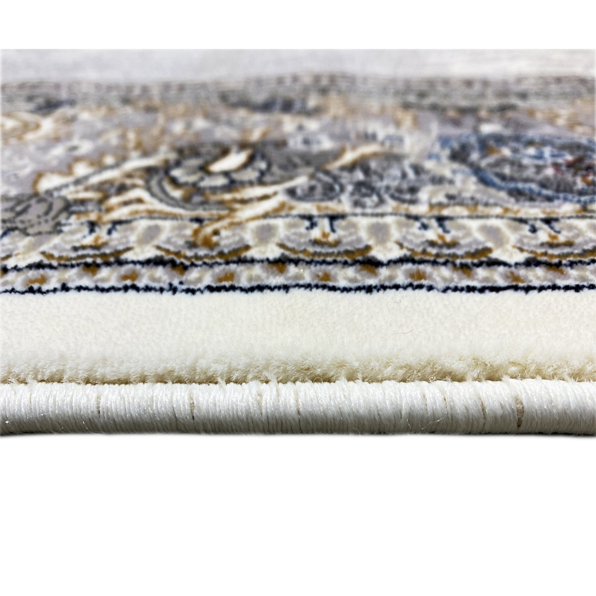 Muster-Teppich Elara 160x230 Fransen-Detail: silberner Rand mit blauen und goldenen Ornamenten