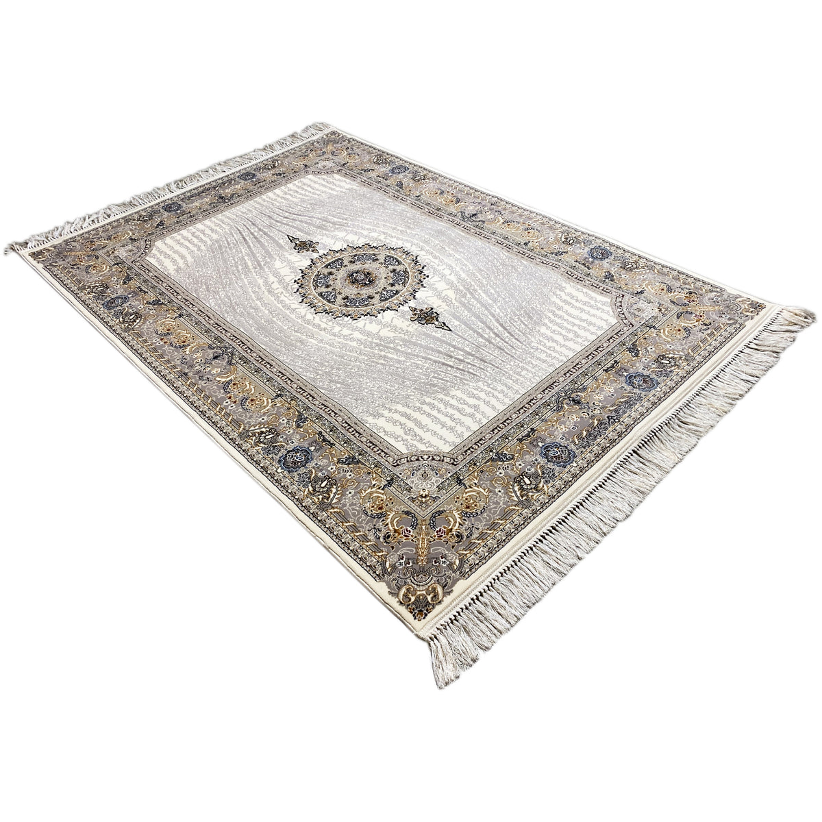 Teppich Elara 160x230 in Creme mit Ornamenteinfassung, zentralem Medaillon und Fransen