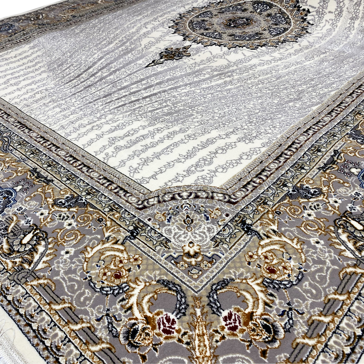 Teppich-Elara 160x230 Detail: cremefarbener Flor mit Medaillon, blau-goldener Bordüre