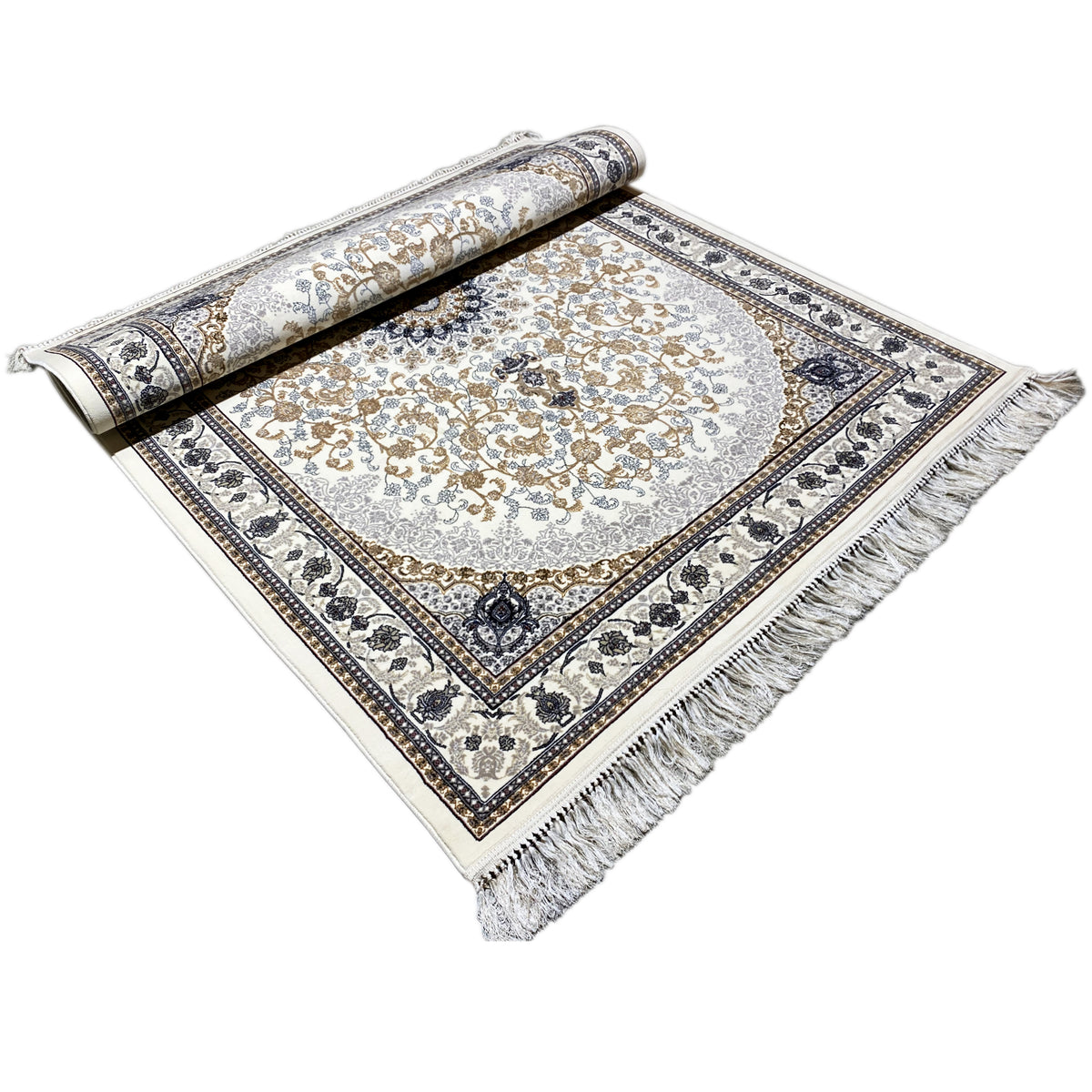 Orientteppich Leyla gerollt aufgerollt, cremefarbener Untergrund, goldene Ornamente, Fransen