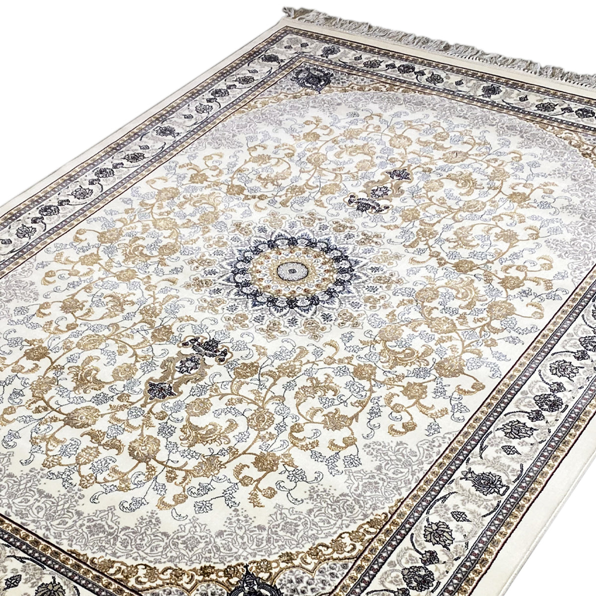 Detailansicht: Orientteppich Leyla mit zentralem Medaillon und gold-beigen Rankornamenten