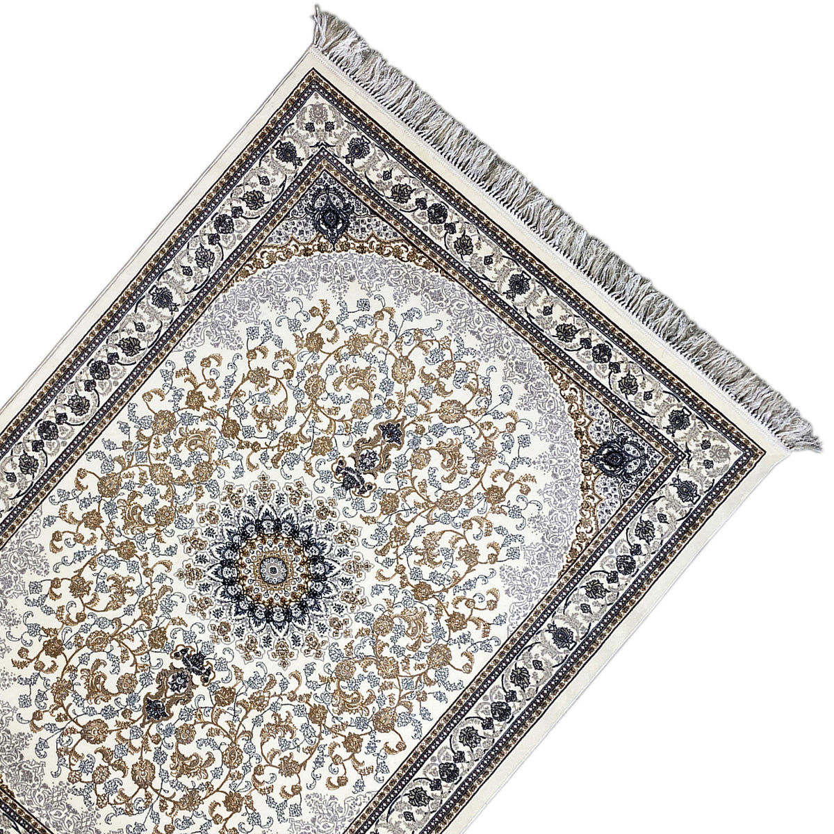 Orientteppich Leyla schrägansicht, cremefarbener Flor, Medaillon, dunkelblaue Bordüren und Fransen