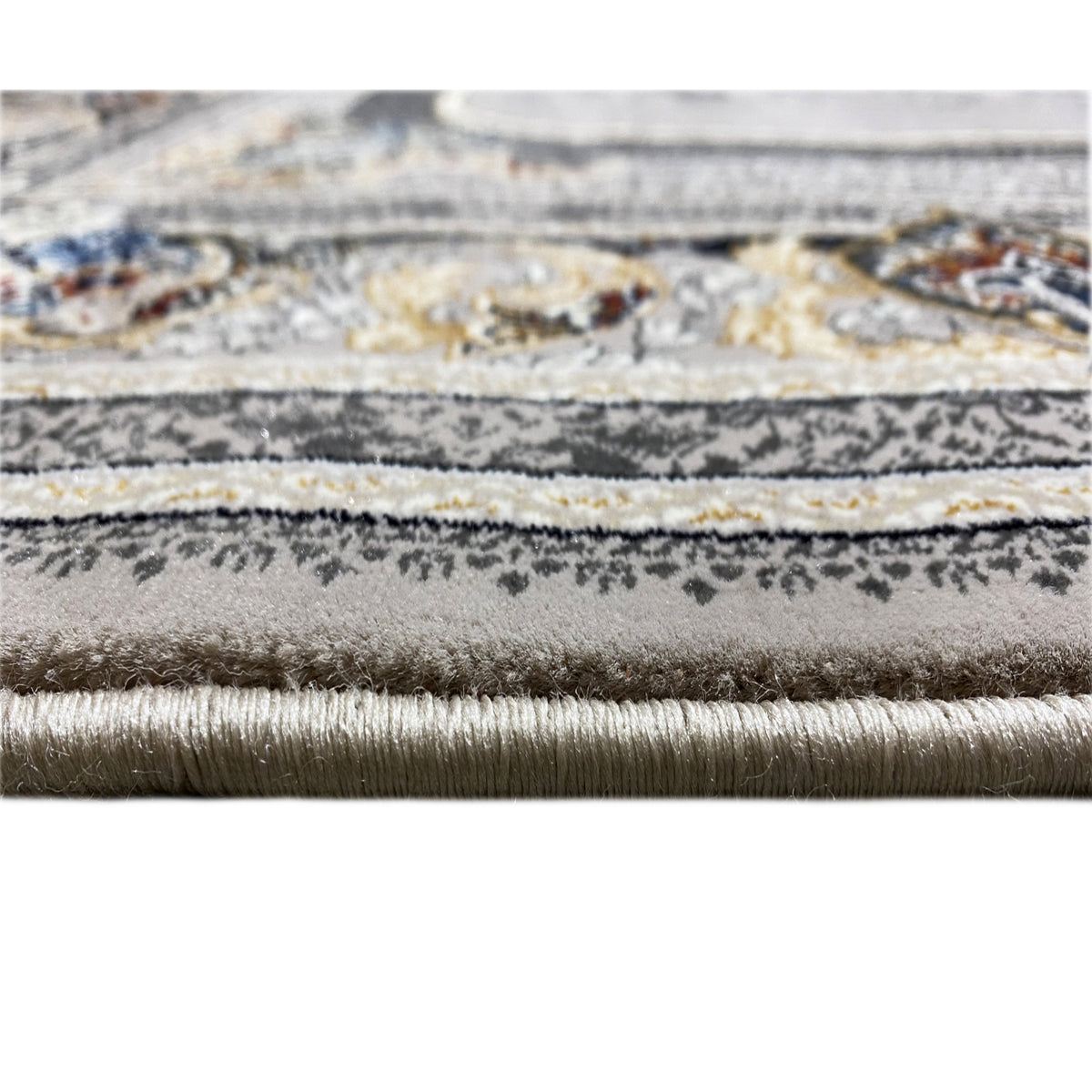 Medaillonteppich 160x230 Nahaufnahme: kurze Fransen und gemusterter Flor in Grau