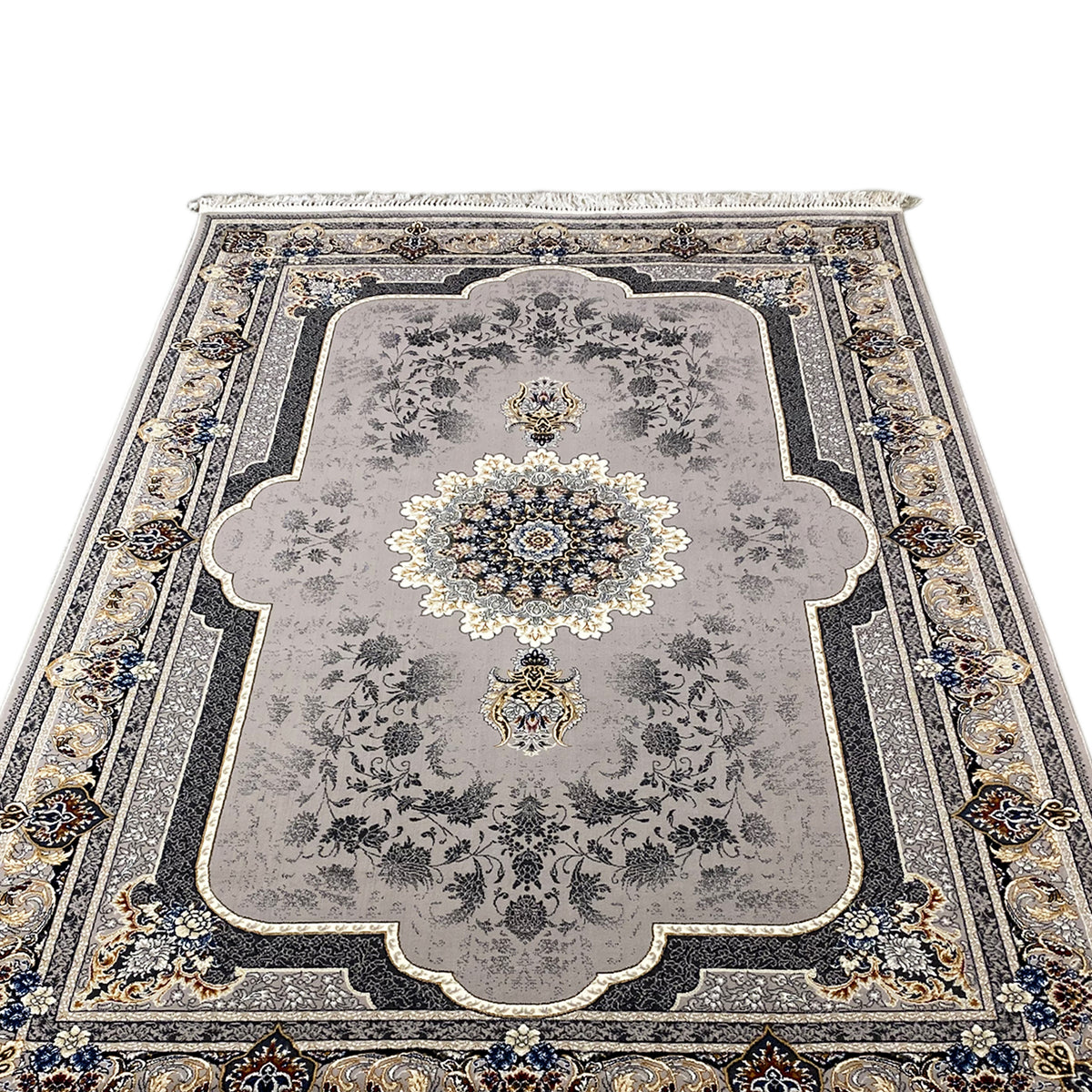 Medaillonteppich 160x230 grau mit zentriertem Medaillon, goldenen Akzenten und Barockrahmen
