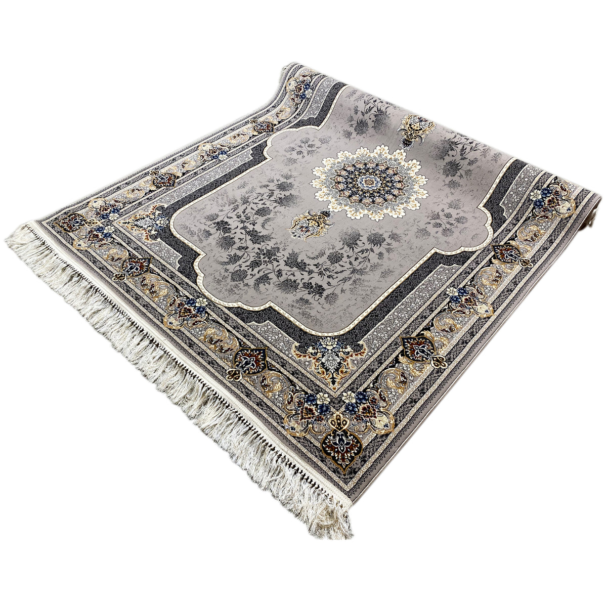 Medaillonteppich 160x230 schräg: Medaillon und blau-goldene Ornamente mit Fransen