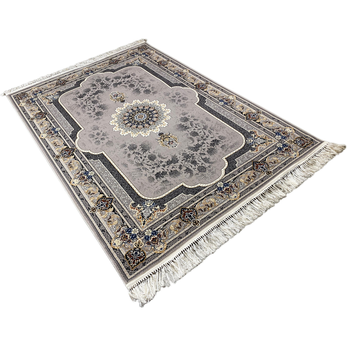Medaillonteppich 160x230 blau-gold eingefasst: grau mit Medaillonmuster und Fransen