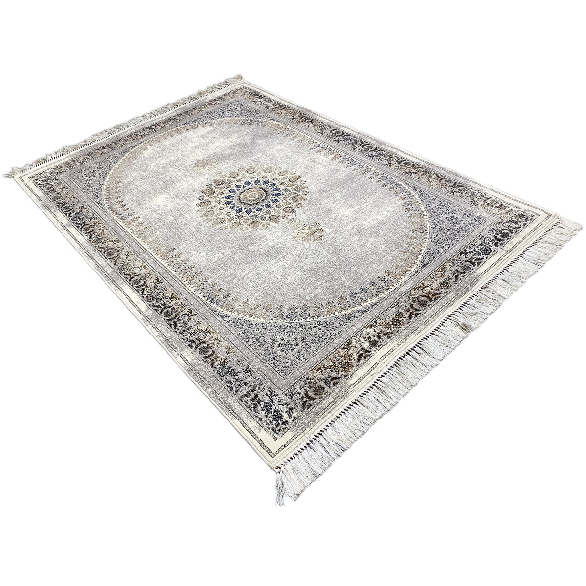 Teppich 160×230 cm silbergrau mit Medaillon in der Mitte und dekorativer Einfassung