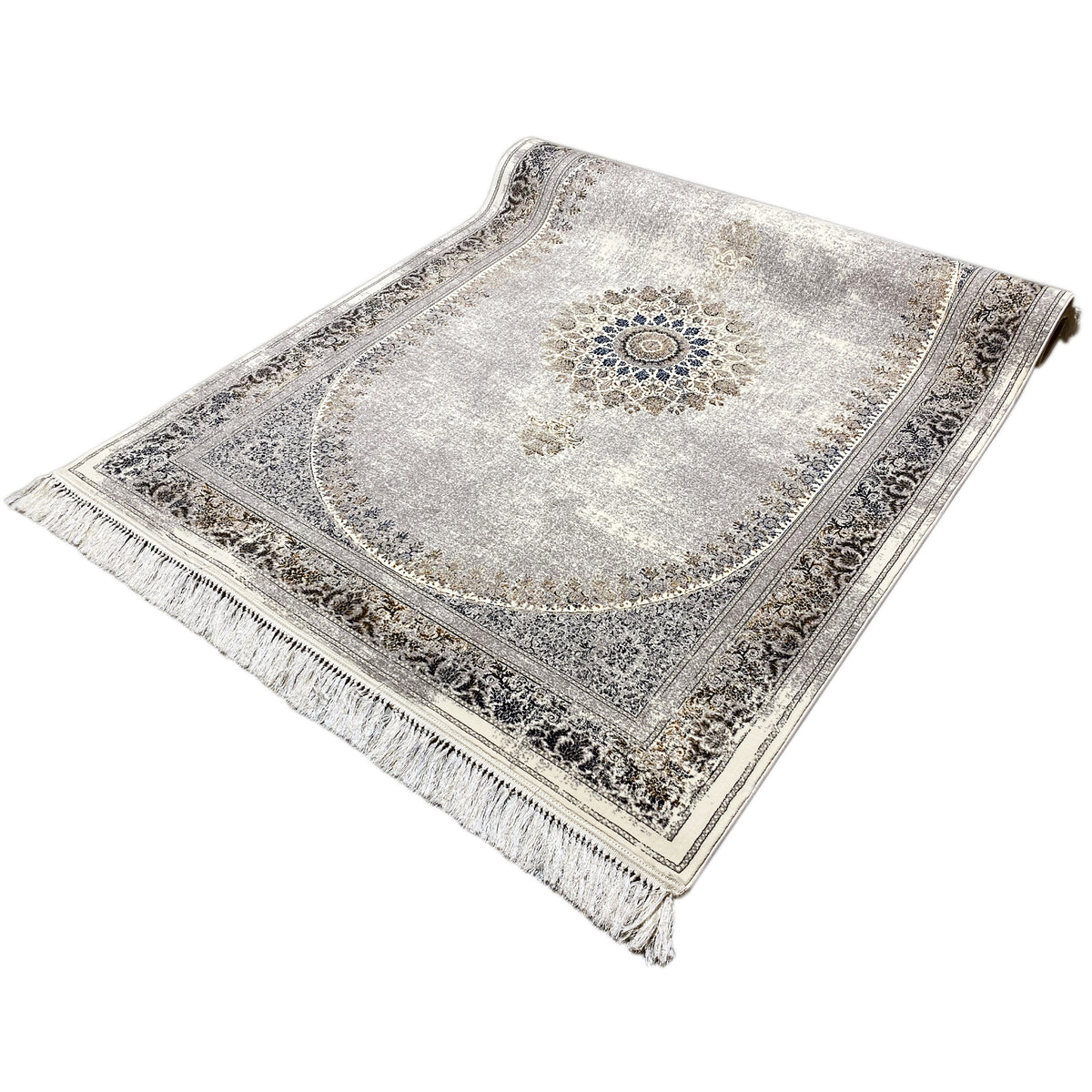 Rechteckiger Vintage-Teppich in Silbergrau mit Verzierung, Medaillon und Fransen