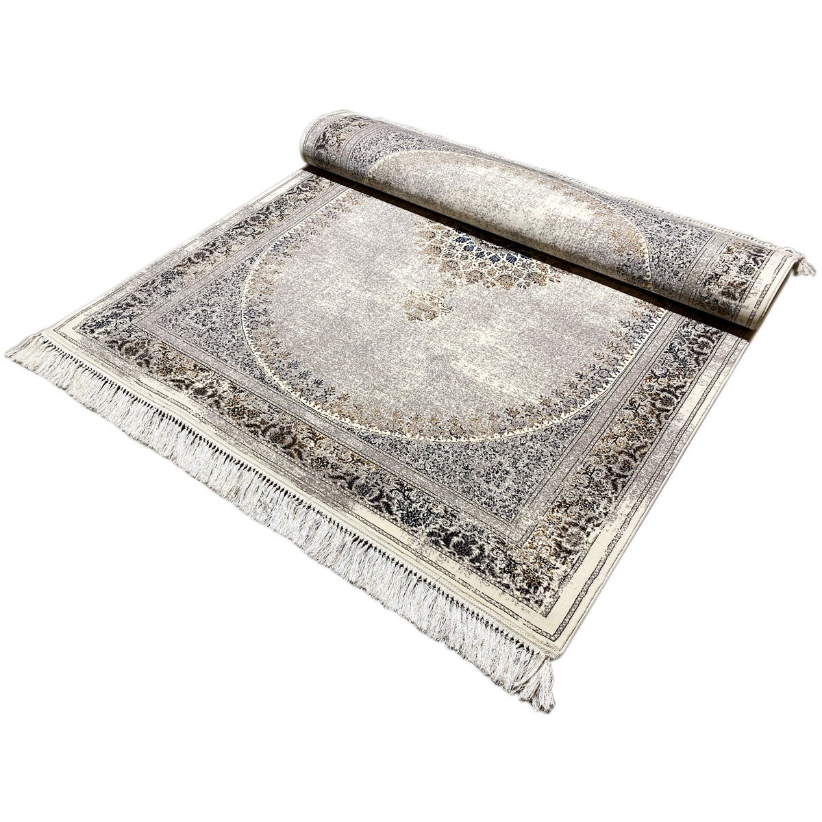 Vintage-Teppich eingerollt aufgerollt, silbergrau mit ornamentalem Rand und Fransen
