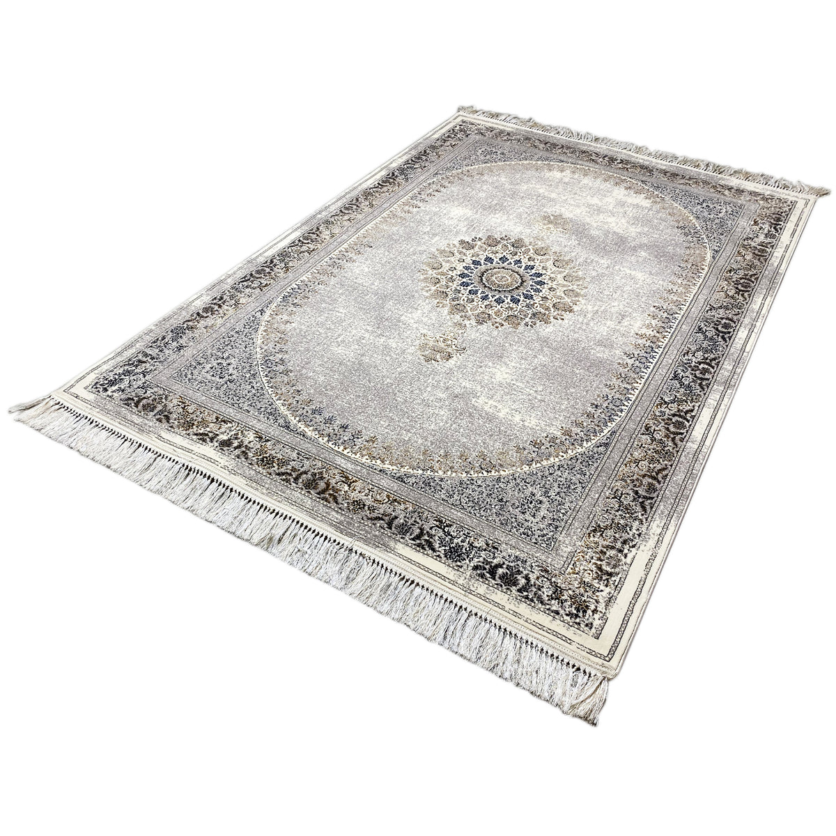 Rechteckiger Vintage-Teppich in Silbergrau mit mittigem Medaillon, Bordüre und Fransen