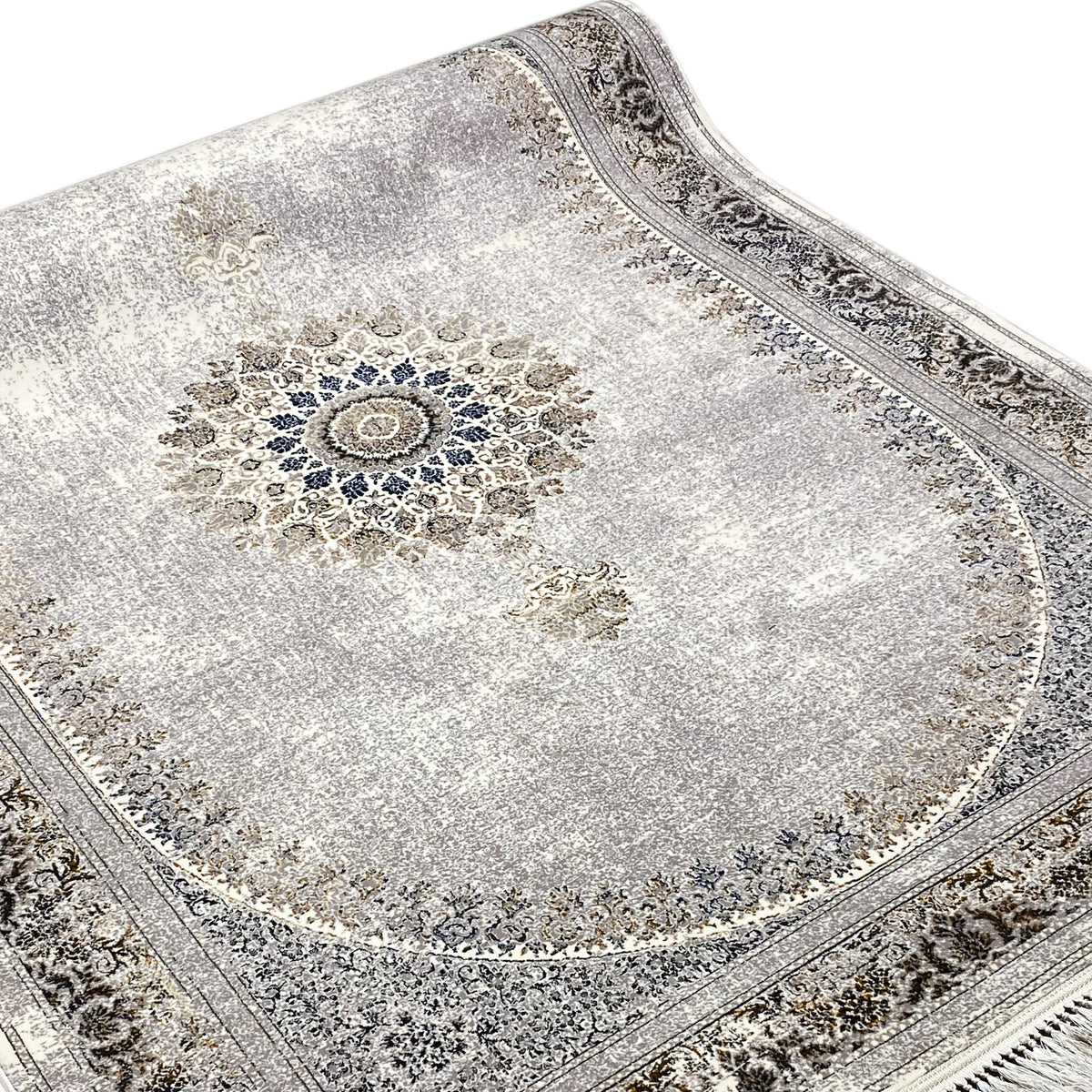 Teppich silbergrau mit rundem Ornament-Medaillon, geprägter Zierbordüre