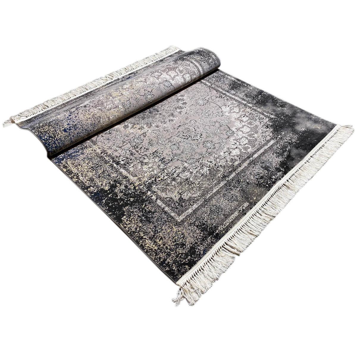 Vintage-Teppich in Grau mit Ornamentmuster, gemustertem Rahmen und Fransen an den Kanten