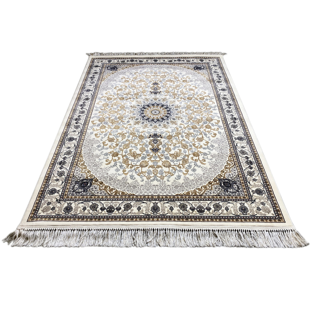 Orient-Teppich mit Medaillon-Ornamenten, creme/gold, dunkelblaue Zierbordüre, Fransen