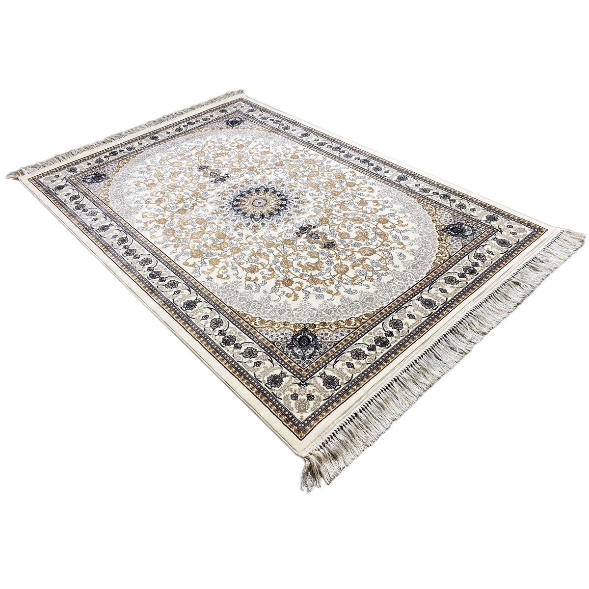 Orient-Teppich mit Medaillon-Ornamenten, creme, goldene Linien, dunkelblau, Fransen