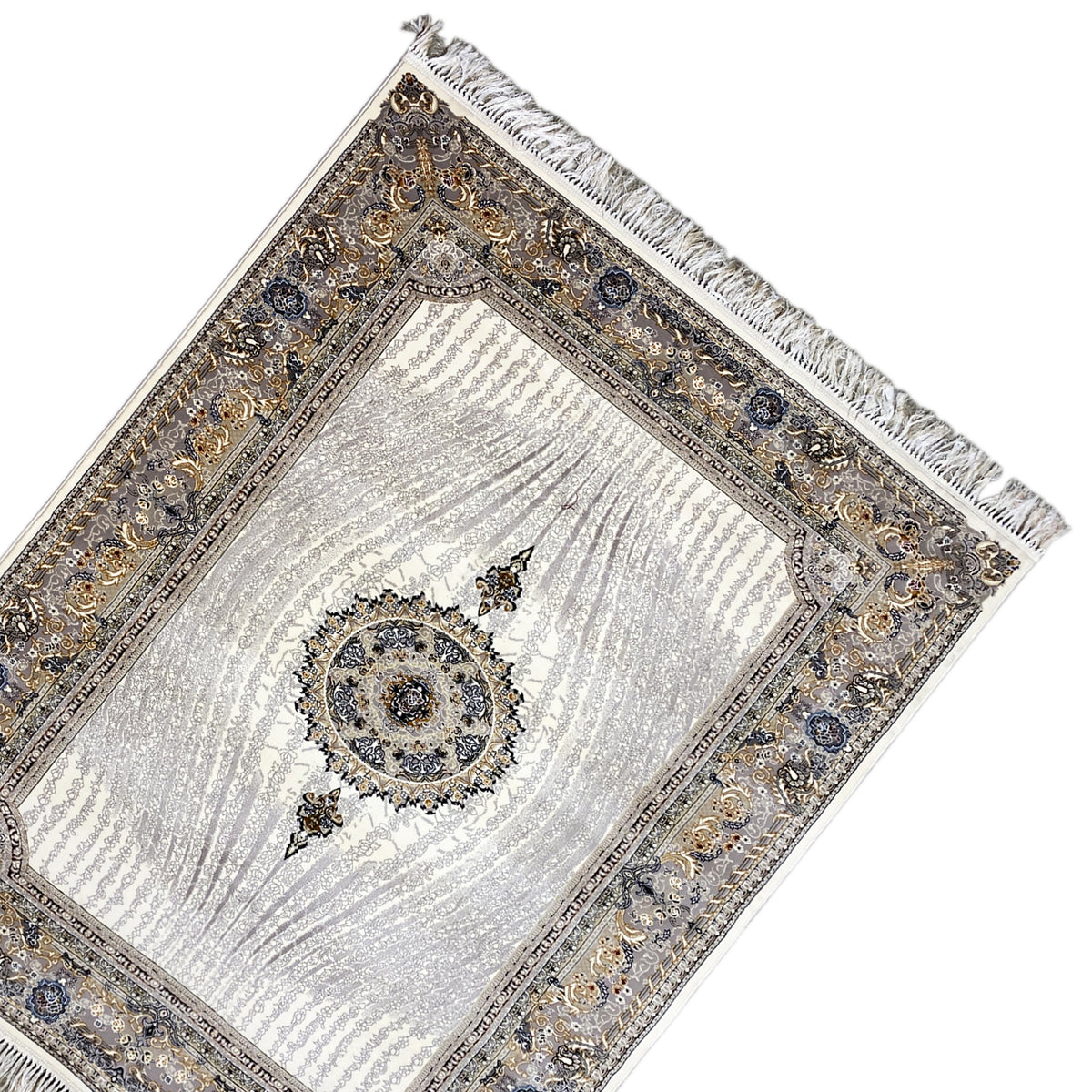 Muster-Teppich Elara 160x230 diagonal: silberner Mittelbereich mit Ornamentrahmen, Fransen