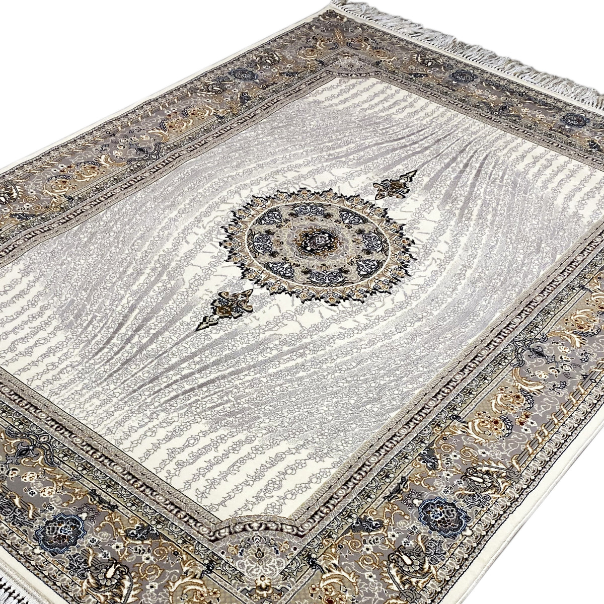 Muster-Teppich Elara 160x230 Vorderansicht: silbernes Design mit Medaillon und Dekorbordüre
