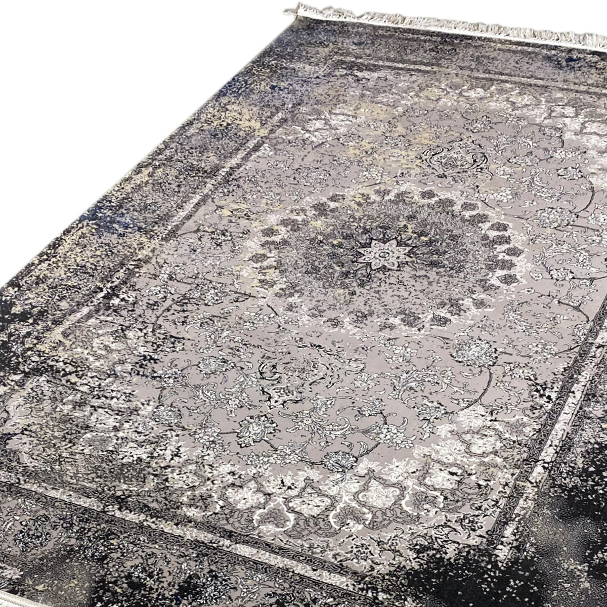 Vintage-Teppich in Grau mit großem Ornamentmedaillon, floralen Mustern und kontrastiver Einfassung