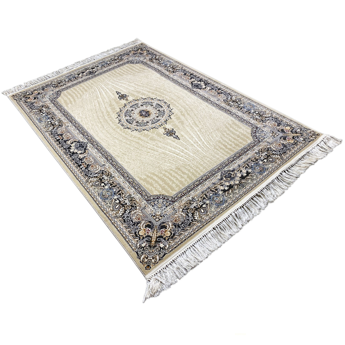 Teppich 160x230 cm rechteckig: beiger Grund, ornamentale Rahmenzone und Fransen an den Ecken