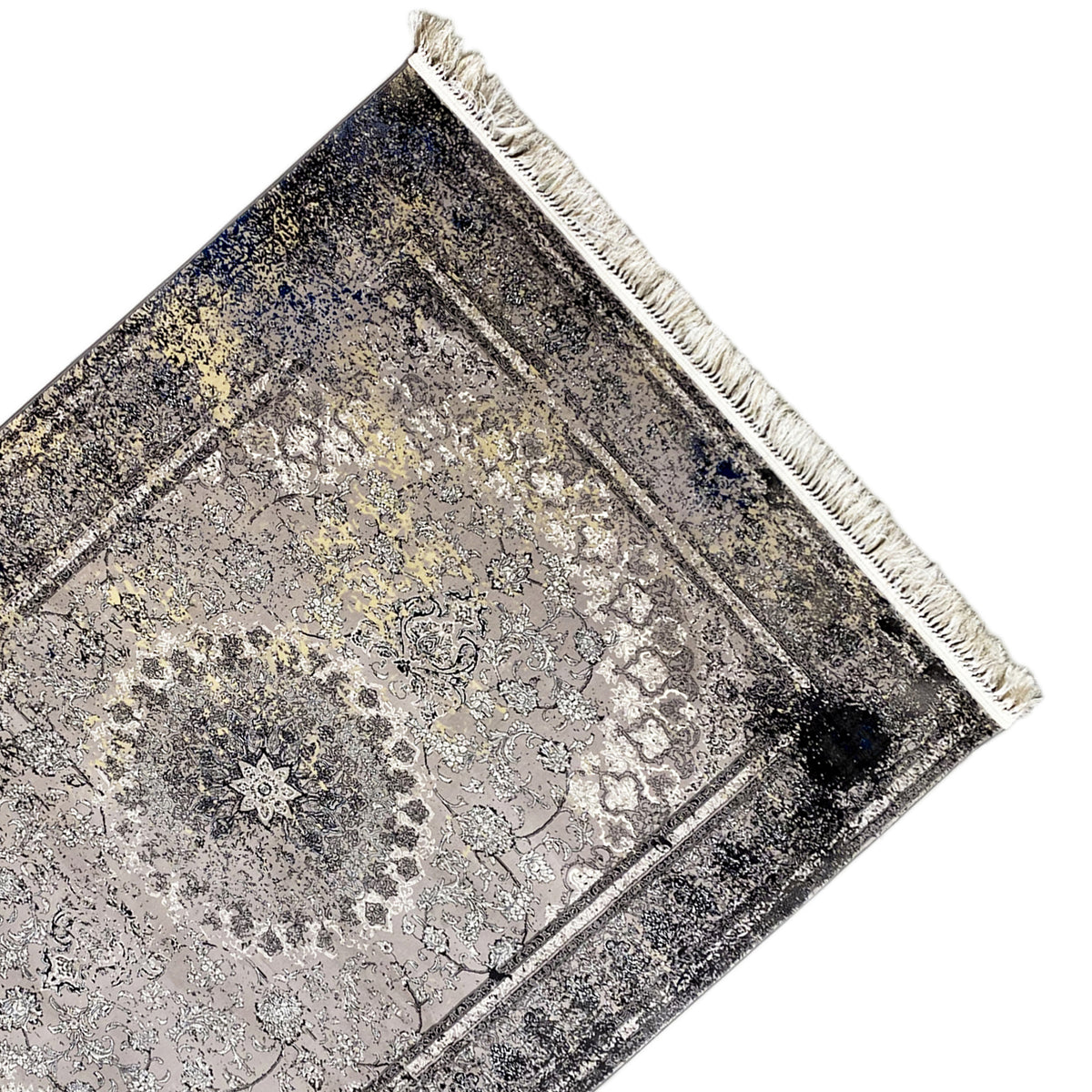 Vintage-Teppich in Grau in Diagonalansicht mit Bordüre und weißen Fransen