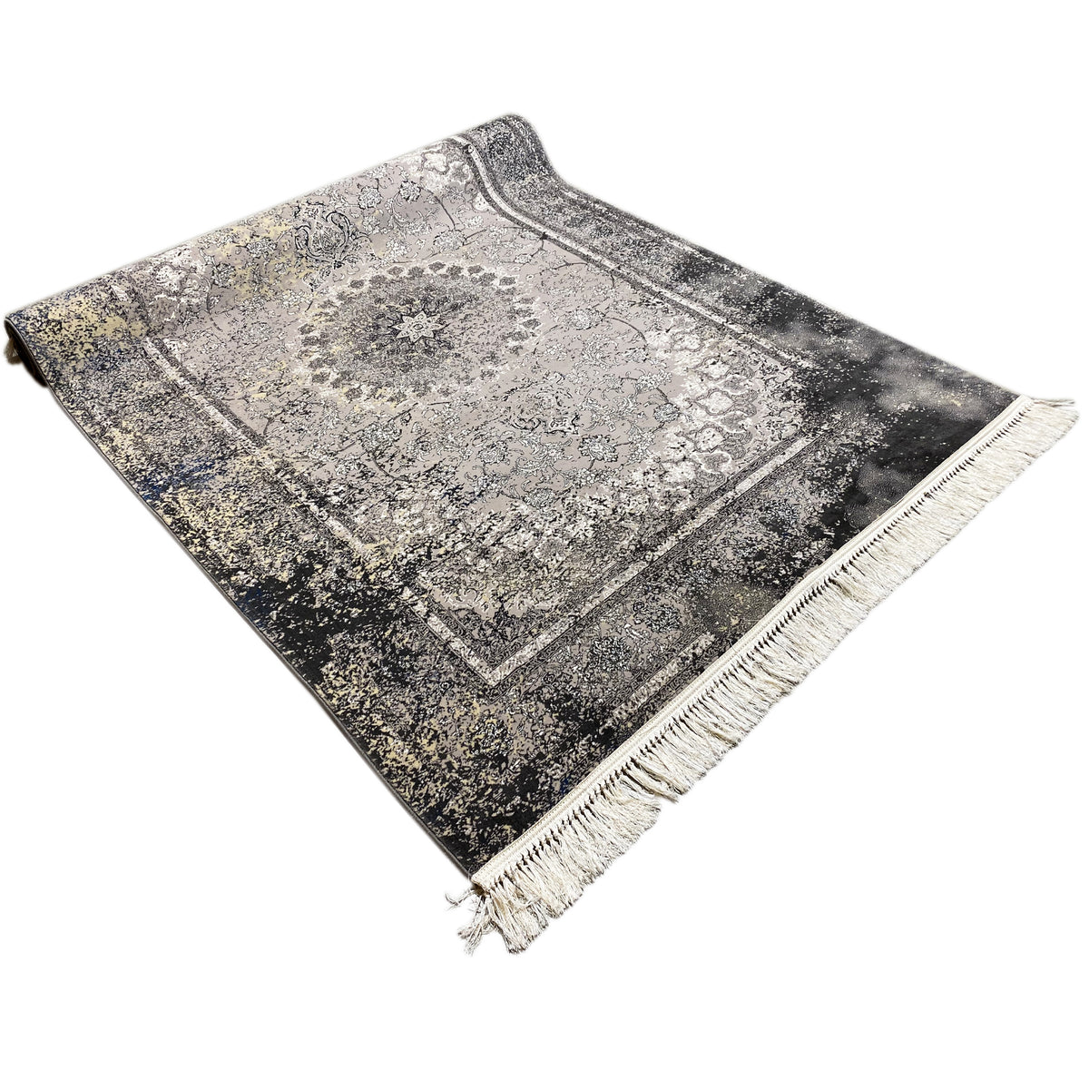 Vintage-Teppich in Grau mit ornamentalem Feld, Randlinien und Fransen