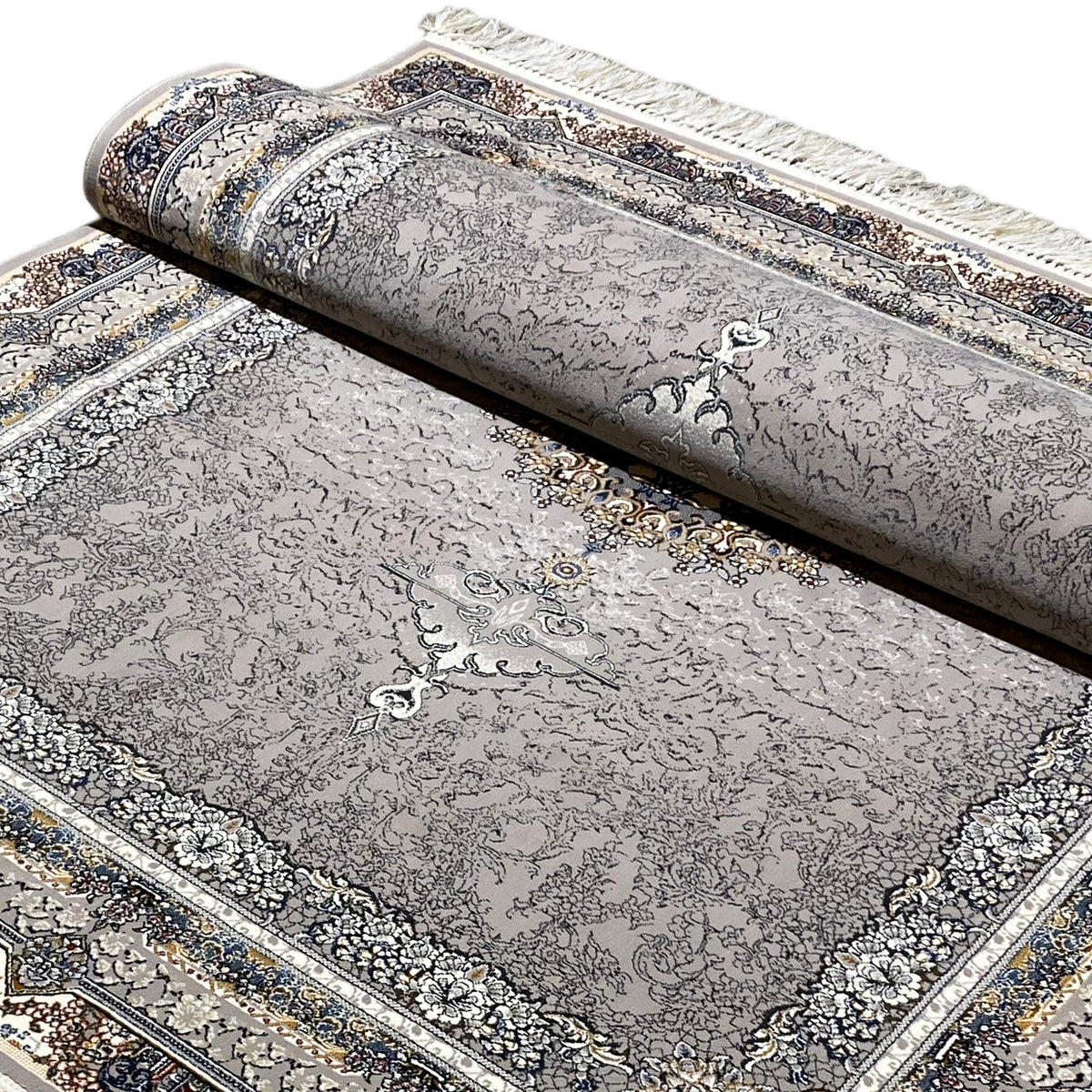 Teppichrolle: anthrazitfarbener Vintage-Teppich mit ornamentalem Medaillon und Bordüre