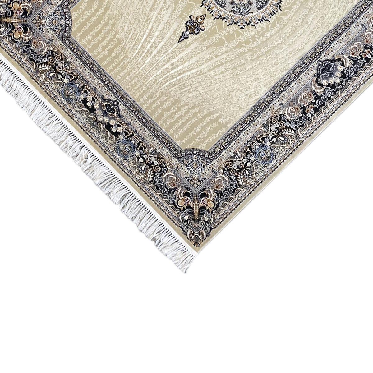 Gewebter Teppich mit Eckdetail, creme Basis, blau-silberne Ornamente und Fransen