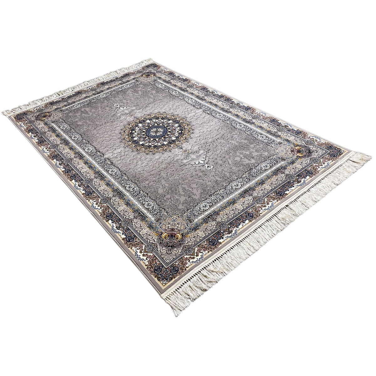 Anthrazitfarbener Teppich mit zentralem Medaillon, Ornamentrahmen und Fransen