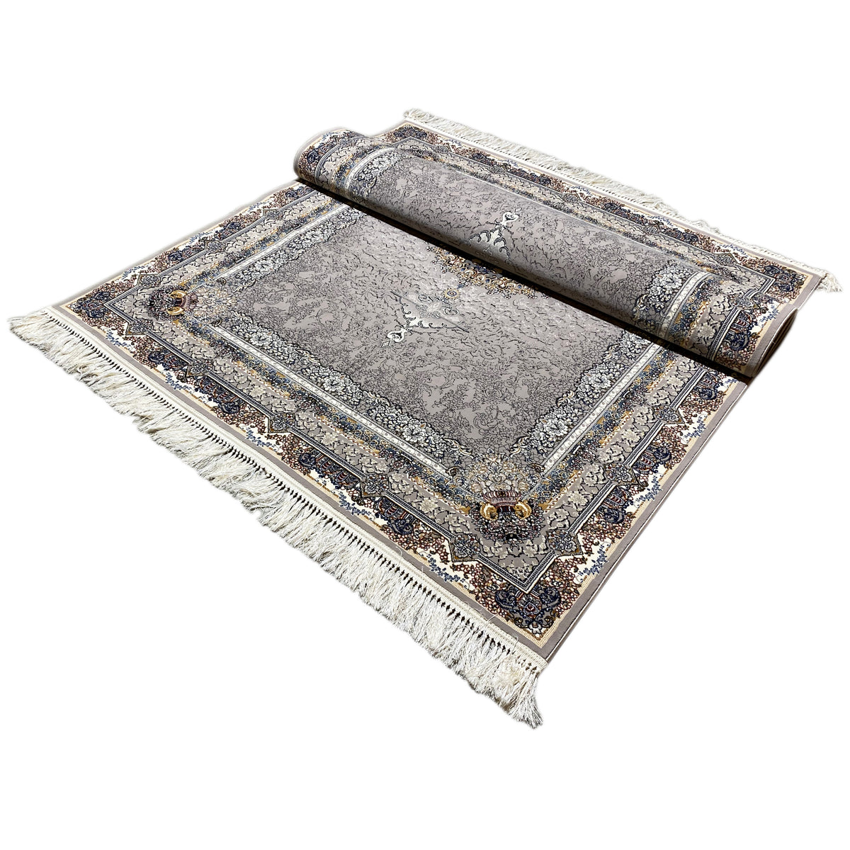 Anthrazitfarbener Vintage-Teppich, gerollt, mit Medaillon und umlaufender Bordüre