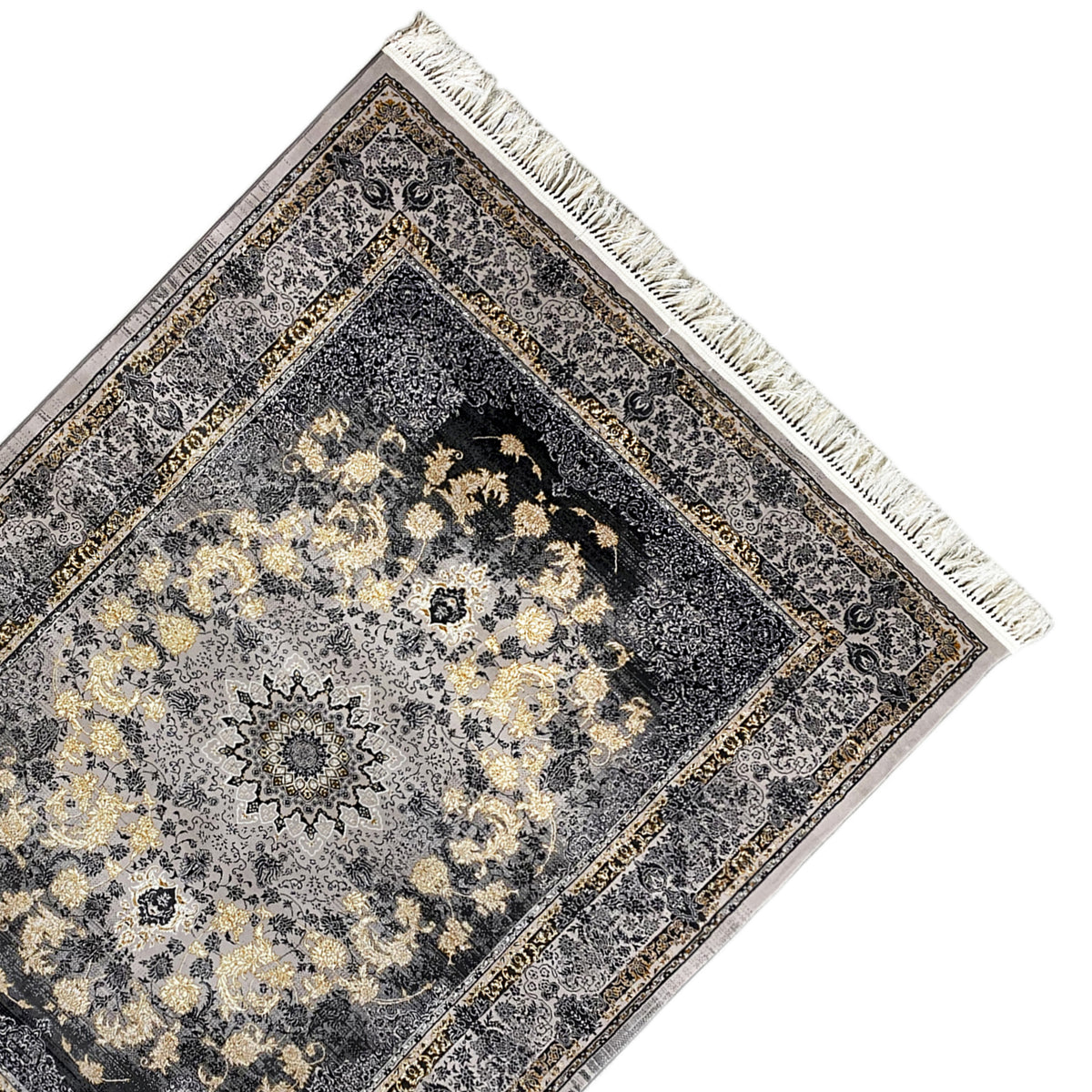 Eckansicht Medaillon-Teppich 160x230 mit dunklem Muster, Rahmenbordüre und Fransen