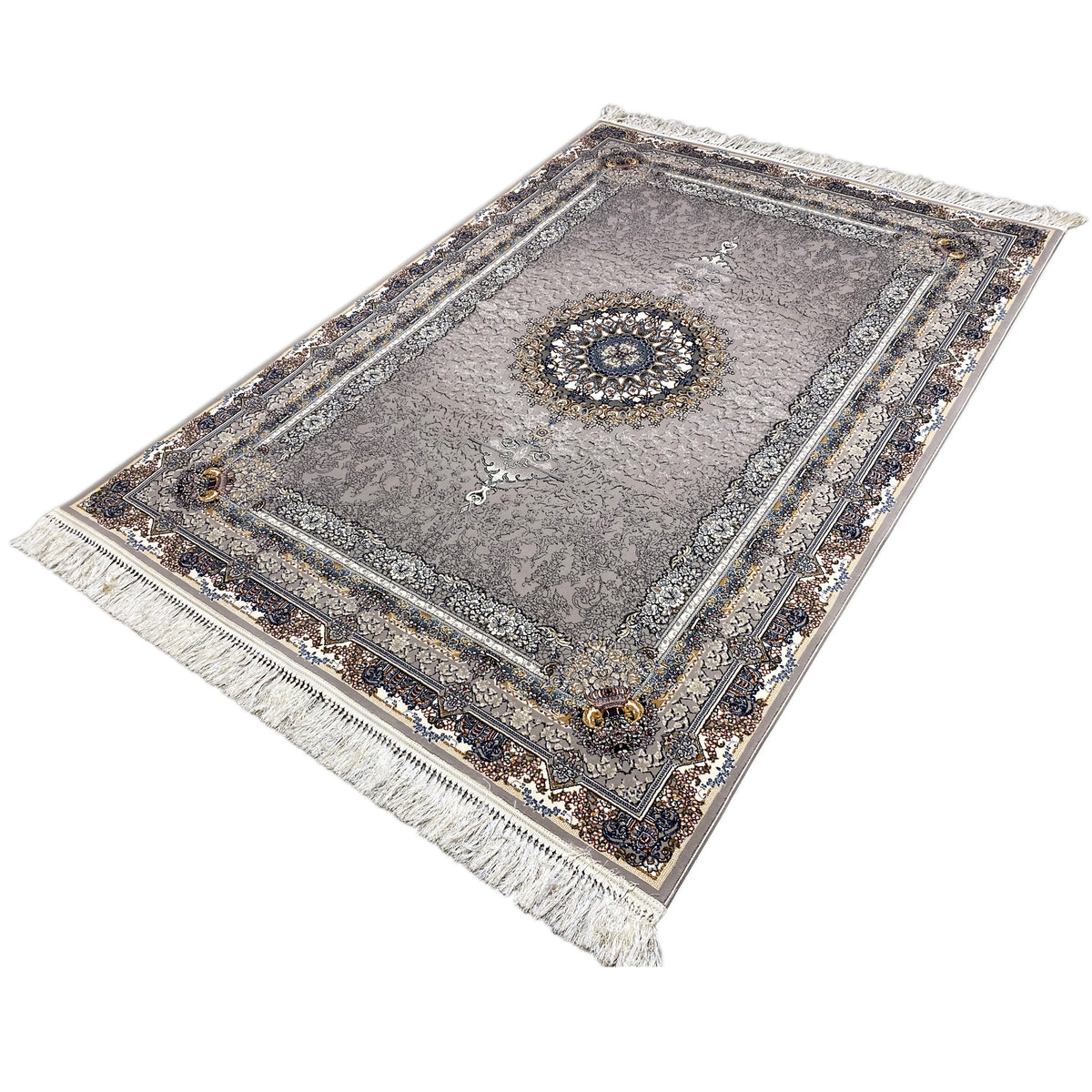 Teppich Noah Anthrazit mit floraler Bordüre, zentralem Medaillon und Fransen